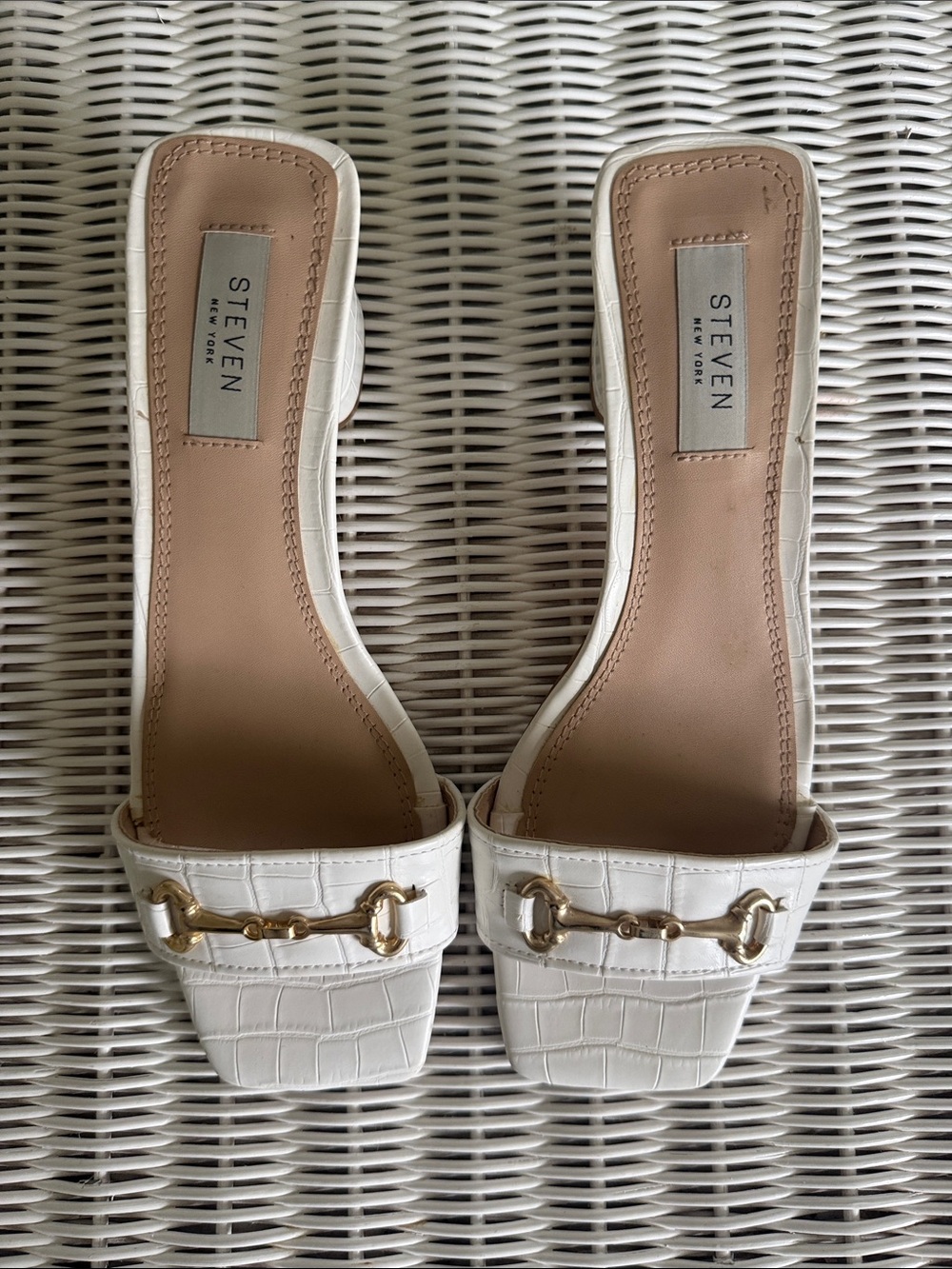 Steven White Croc-Embossed Slide Sandals with Gold Hardware